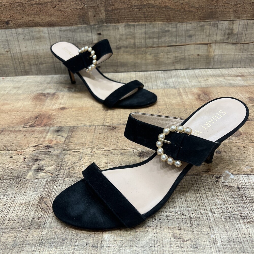 Stuart Weitzman Womens Black Suede Open Toe Classic Heels Size 10.5